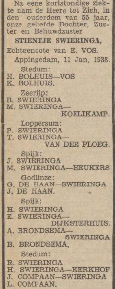 overlijdensadvertentie stientje swieringa in 1938.